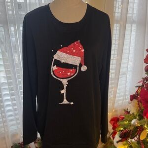 Festive Black Sweatshirt with Santa Wine Glass Design